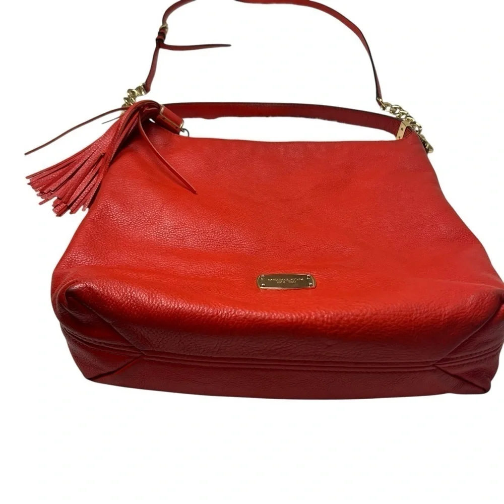 Michael Kors Hobo Bag Orange Red Soft Pebbled Leather with Tassel Large 2 Straps